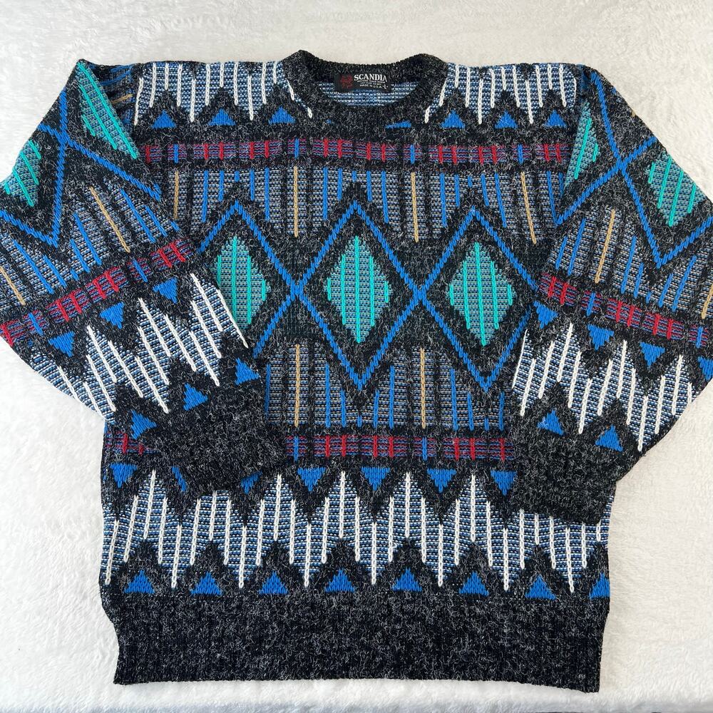 Scandia Vintage geometric Acrylic Sweater Blue Heather black Men's size Large